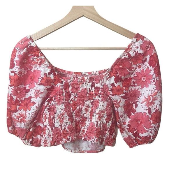 Lucky Brand Women’s Linen Crop‎ Top Red Ivory Floral Size Small MWT - Picture 2 of 9